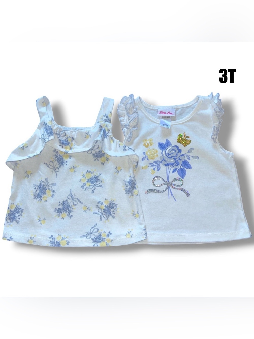 Very Soft Little Lass White, Light Blue & Yellow Floral Tank and Tee Set size 3T